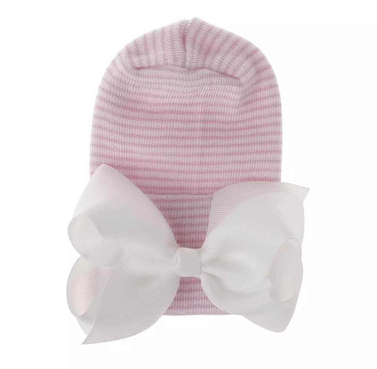 Babymütze Rosa gestreift mit weißer Schleife extra warm