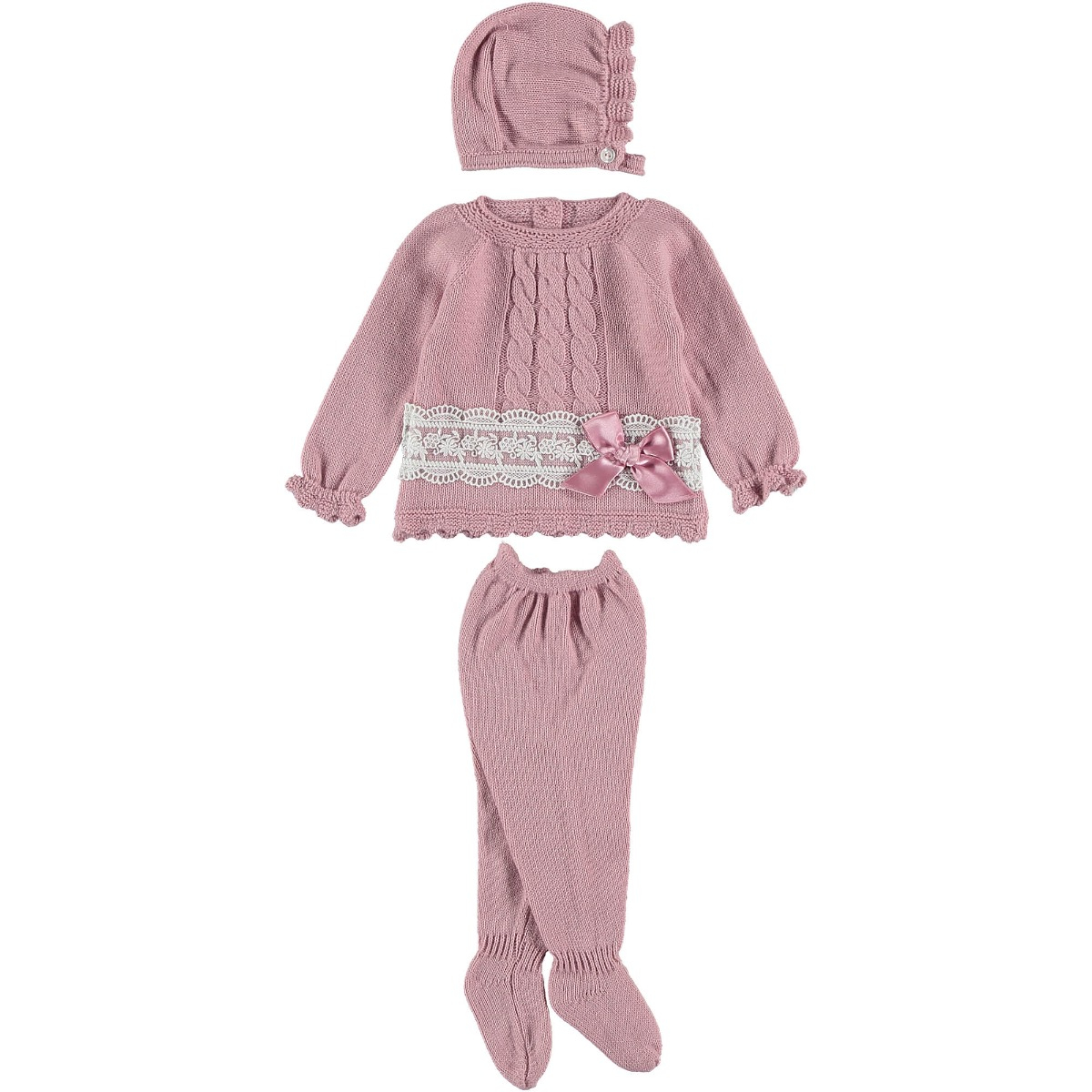 3-teilig rosa Anzug mit Spitze und Schleife 3 Monate