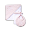 Klassisch-schickes Set rosa mit weißen Details: Bademantel, Waschlappen & Lätzchen