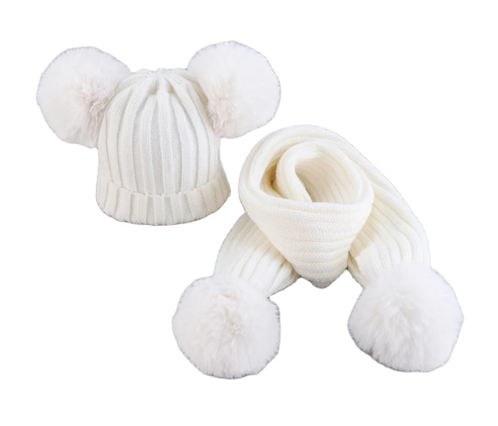 Winter Pompon Set Mütze und Schal creme mit weißen Pompons