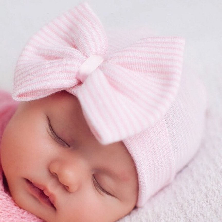 Babymütze mit Schleife rosa gestreift