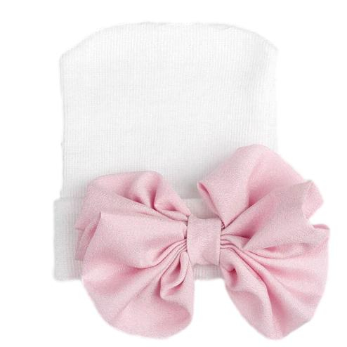 Babymütze mit rosa Glitzerschleife weiß