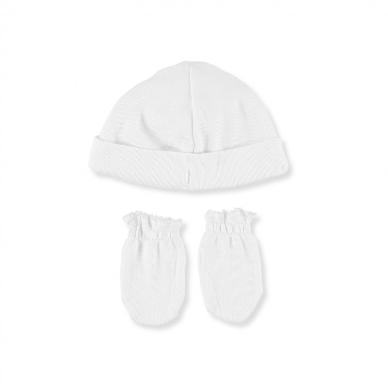Weißes Neugeborenen-Set bestehend aus Fäustlingen und Mütze